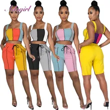 

Workout Summer Tracksuit Women Causal Stripe Color Patchwork Sleeveless Tank Tops Shorts Pants Suit Outfit Jogger Two Piece Sets