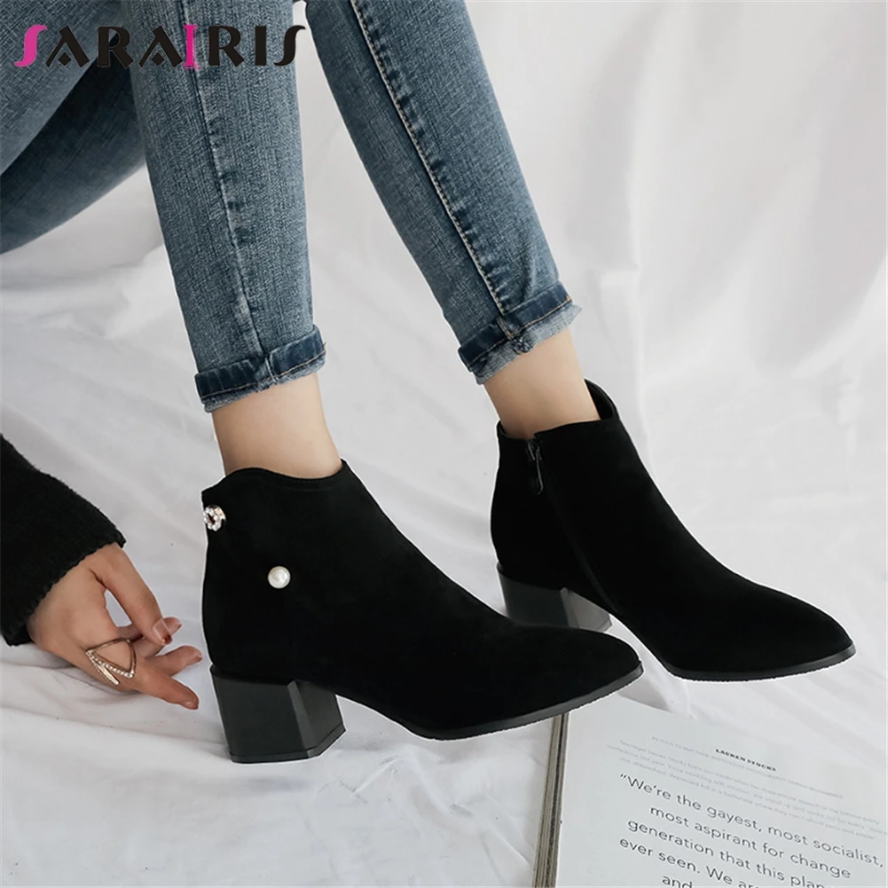 

SARAIRIS Brand New Popular Plus Size 32-48 Pointed Toe High Heels Pearl Shoes Woman Party Office Autumn Winter Ankle Boots