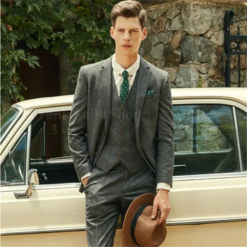 

Traje de Tweed de espiga verde de lana hecho a medida para hombre de estilo británico Blazer ajustado para boda traje de hombre