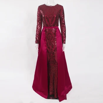 

Burgundy Long Sleeved O Neck Evening Party Dress Ball Gown
