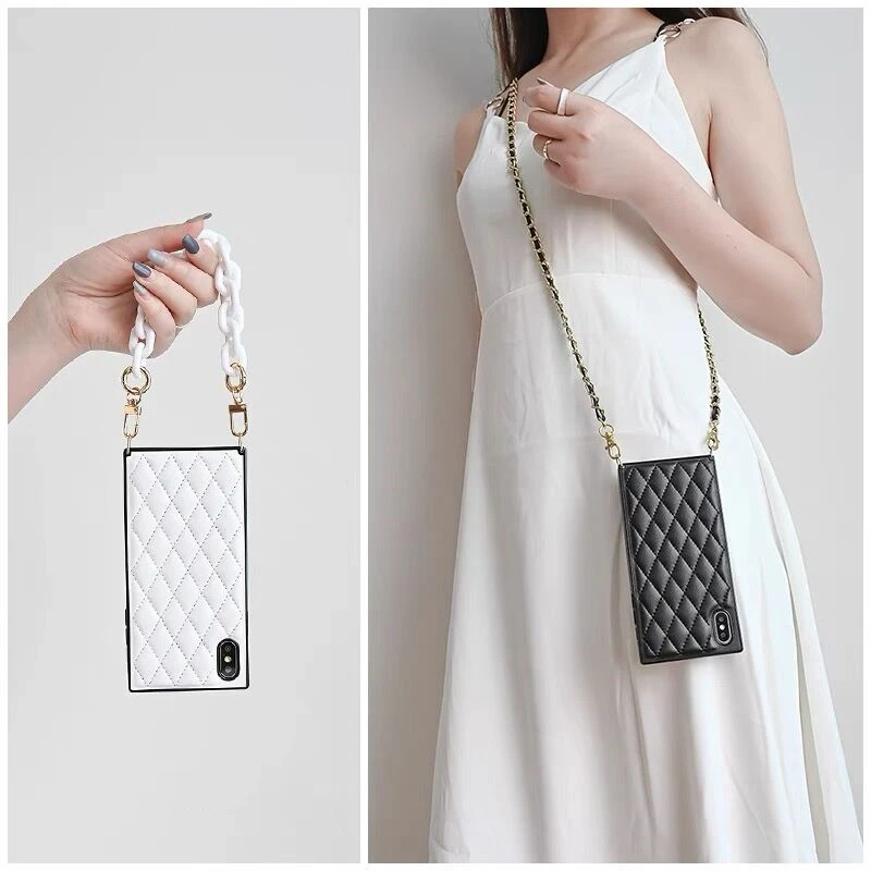 

For Iphone 12 11 Pro XS Max XR X 8 7 6 6S Plus SE Long Chain Short Bracelet Square Plaid Lambskin Crossbody Bag Soft Case Cover