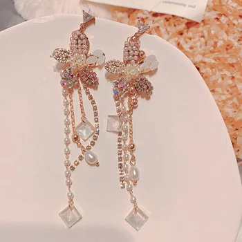 

Korean Sweet Flower Pearl Rhinestone Drop Earrings For Women Girls Summer Holiday Beach Earrings 2020 New Elegant Jewelry