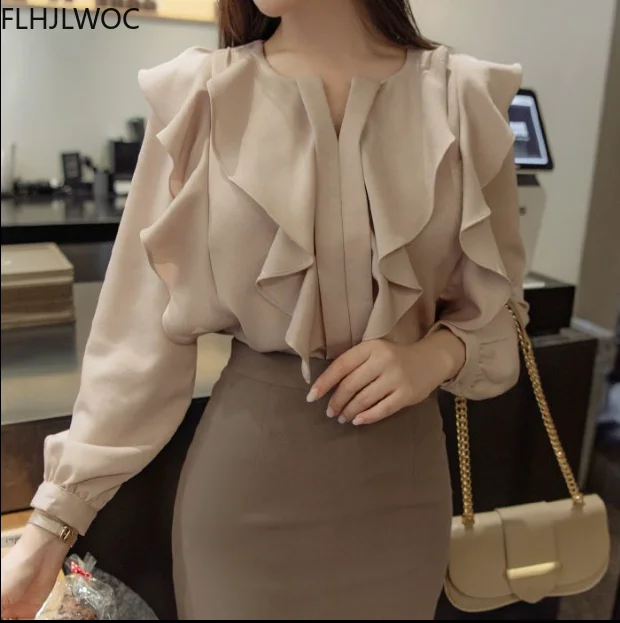Blusas femininas chique da moda, camisetas de manga comprida, elegantes ...