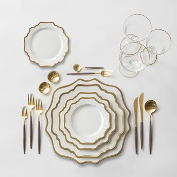 

New product-Western wedding hotel hotel set 4 pieces of tableware luxury white 24K Phnom Penh flower shaped ceramic plate