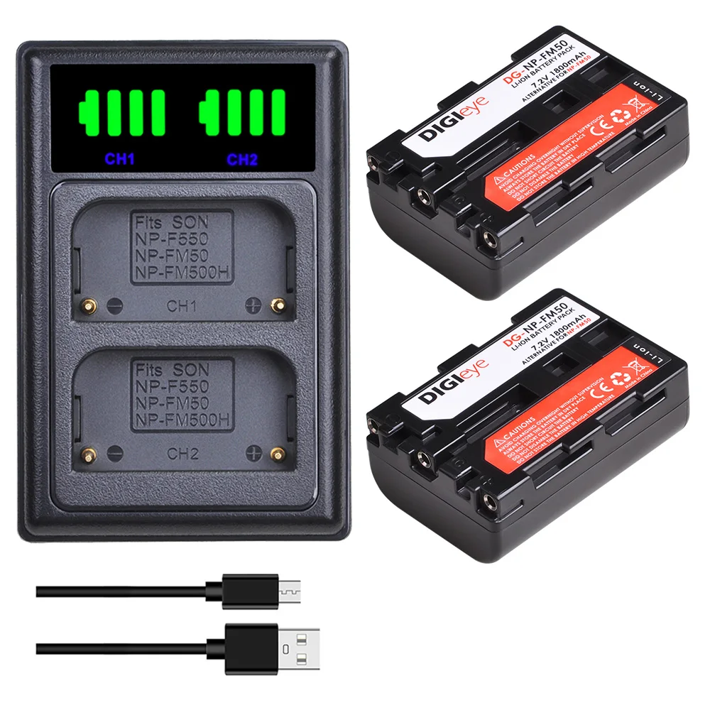 

2pcs 1800mAh NP-FM50 NPFM50 FM55H Battery +LED Dual Charger Type C For Sony NP-FM51 NP-FM30 NP-FM55H DCR-PC101 A100 DSLR-A100