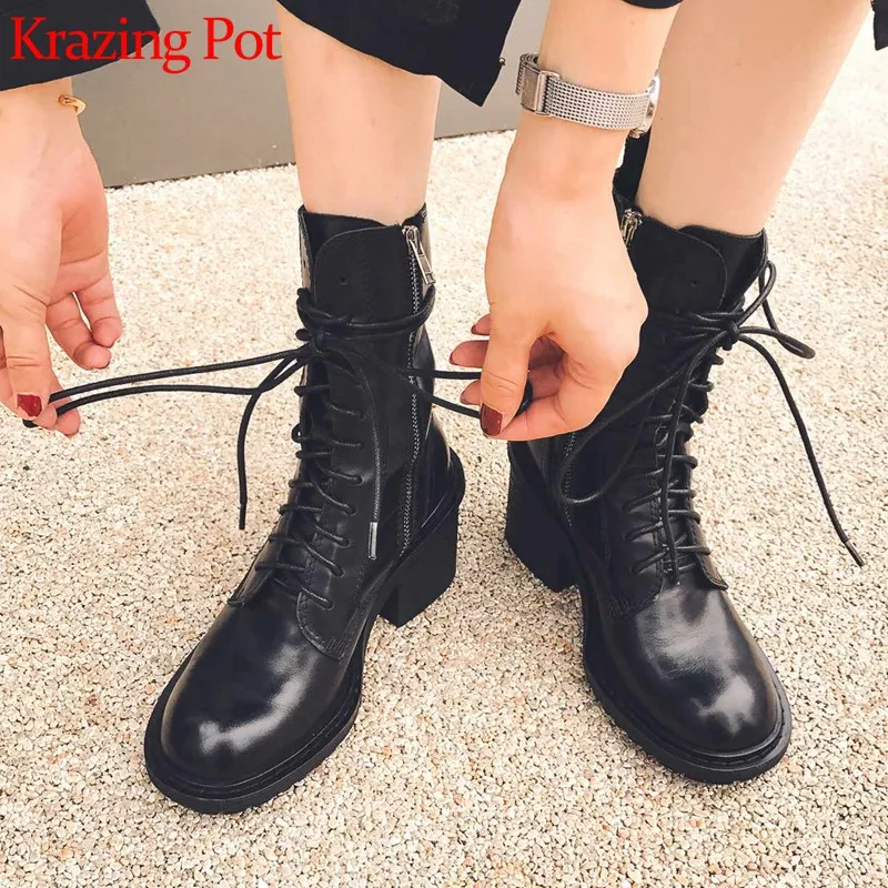 

krazing pot genuine leather vintage motorcycles boots round toe high heels winter women lace up fashion brand mid-calf boots L18