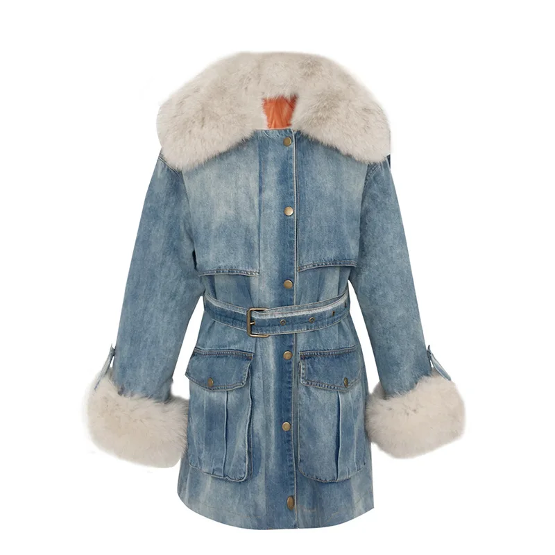 

New White Duck Down Jacket Women Collar Liner Detachable Long Denim Down Coat Autumn Winter Thick Warm Down Parkas Outerwear