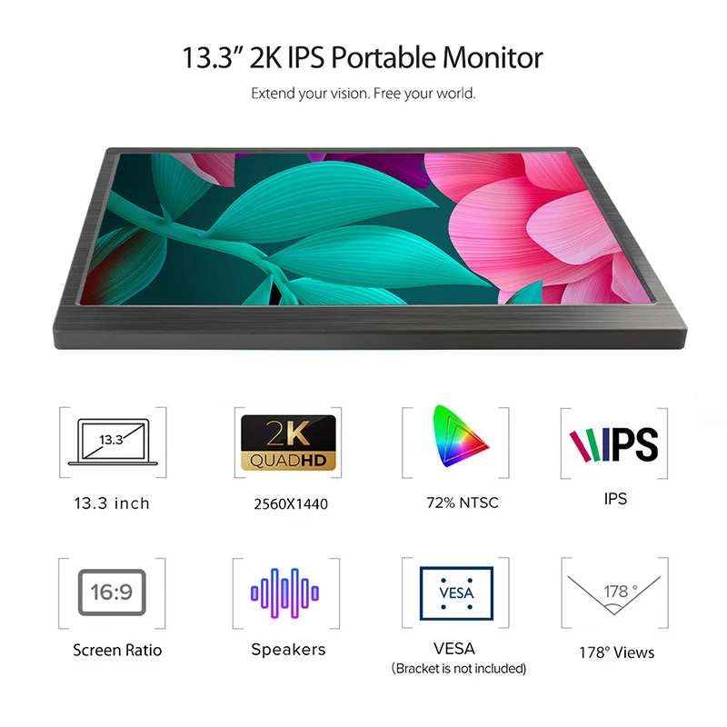 13.3 인치 2K IPS 2560x1440 HD 디스플레이 듀얼 미니 HDMI 호환 IPS 모니터 노트북 PC PS4 wii u Xbox, 라즈베리 파이 4B, 3B +, 3B