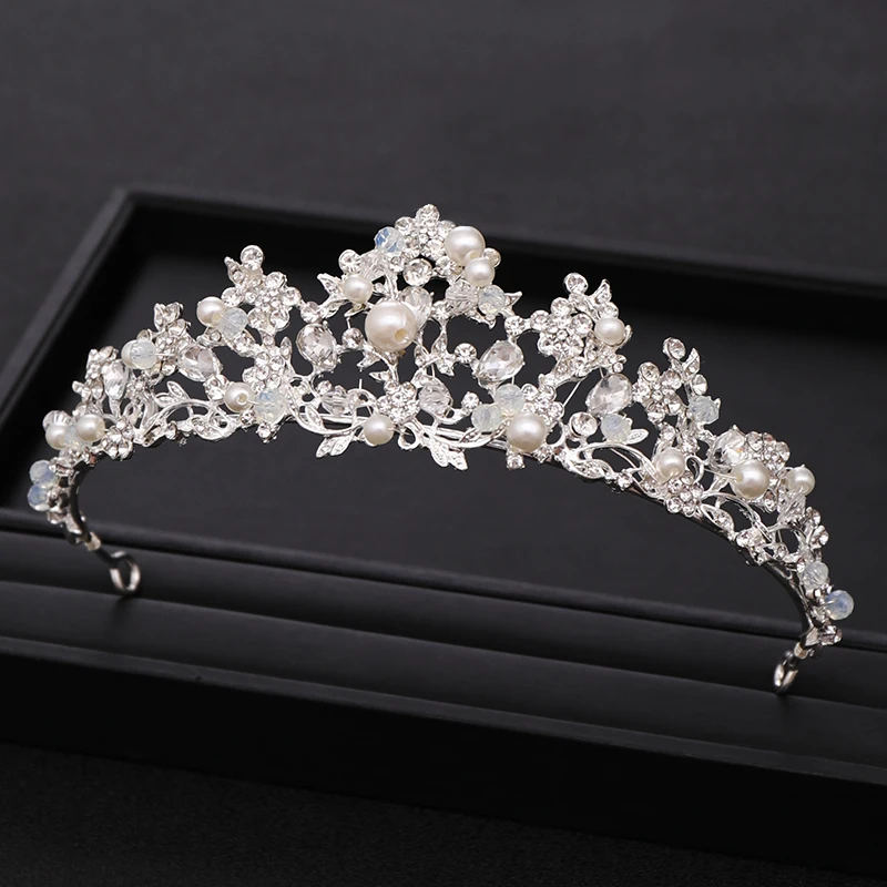 Trendy Bridal Wedding Crown Hair Accessories Luxury Silver Pearl Rhinestone Crystal Crown Princess Birthday Crown Bridal Crown