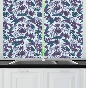 

Pale Blue Quartz Teal Hawaiian Colors Kitchen Curtains Silhouettes Various Island Leaves Exotic Floral Details for Kitchen Cafe