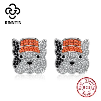 

Rinntin 100% 925 Sterling Silver Jewelry French Bulldog Stud Earrings for Women Black Enamel AAA Zircon Earring Gift TSE121
