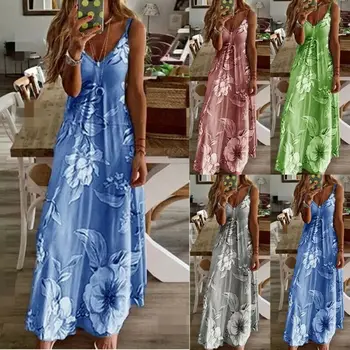 

Women Summer Floral Sleeveless Spaghetti Strap Dress Boho Loose Long Maxi Dresses Holiday Beach Sundress
