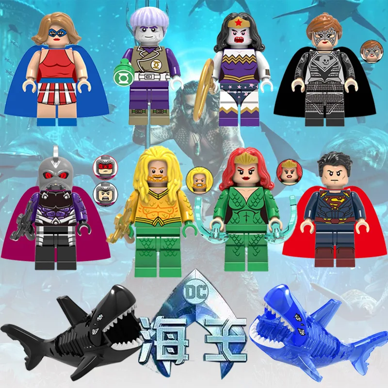 

10pcs/set MOC Aquaman Mera Wonder Woman Reverse Flash Luthor Superman Killer 2 Sharks Building Blocks Bricks Kids Toys Legoings