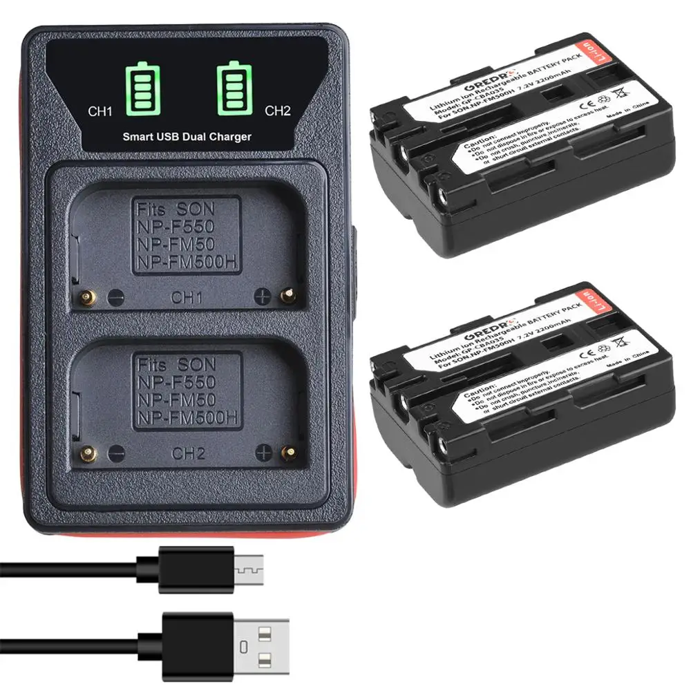 2 Pcs 2200mAh NP-FM500H NP FM500H Battery + LED Dual USB Charger with type-C port for NP-F550 NP-FM50 Sony Alpha A58 A350 A500 