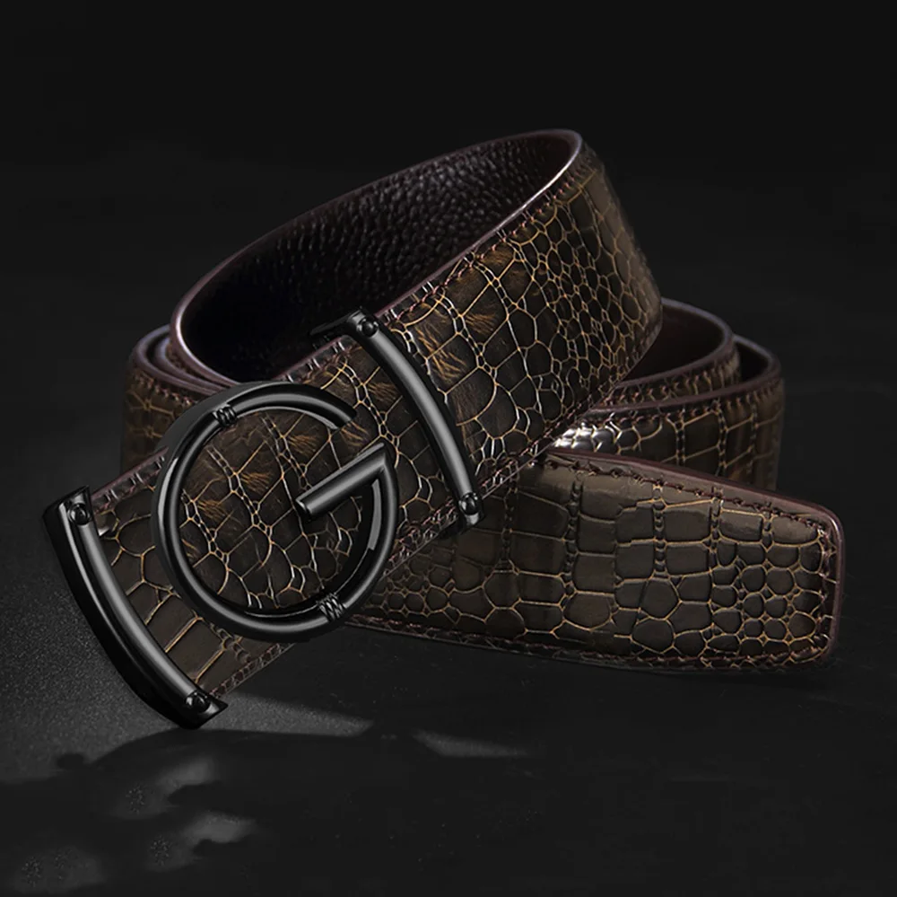 Coffee BlackBuckle FAJARINA, уникальный дизайн, мужской ремень высокого качества с крокодиловым узором из натуральной коровьей кожи, гладкие пряжки с буквами, ремни 3,3 см LUFJ830 - Цвет: Coffee BlackBuckle