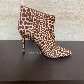 

Womens Pointy Toe Leopard Real Horse Hair Ankle Boots Stilettos High Heel Sexy Shoes Mixed 2 Colors Luxury