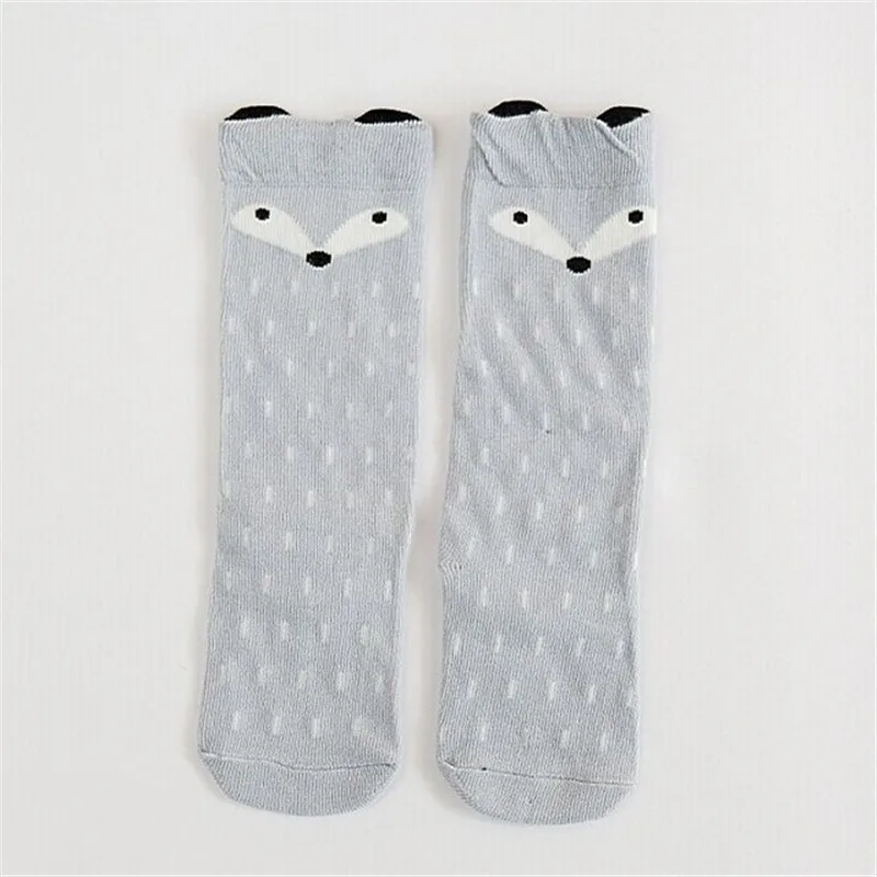 Хлопковые носки для малышей гольфы для мальчиков и девочек с принтом животных и кошек Нескользящие Теплые Длинные Носки с рисунком кота для малышей от 0 до 6 лет - Цвет: Gray fox