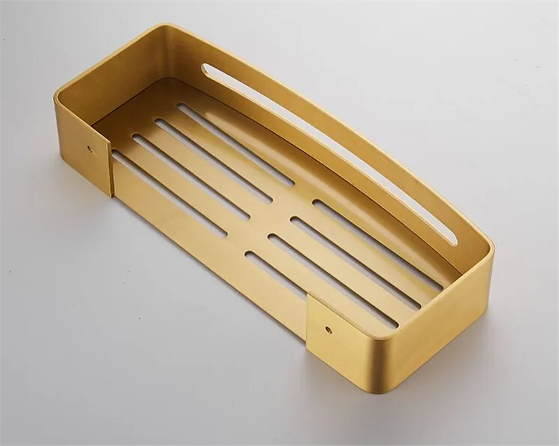 Bathroom Shelves Brushed Gold Aluminum Bath Shower Rack Nail Punched Corner Shelves With Hooks Bath Hardware Free Shipping
