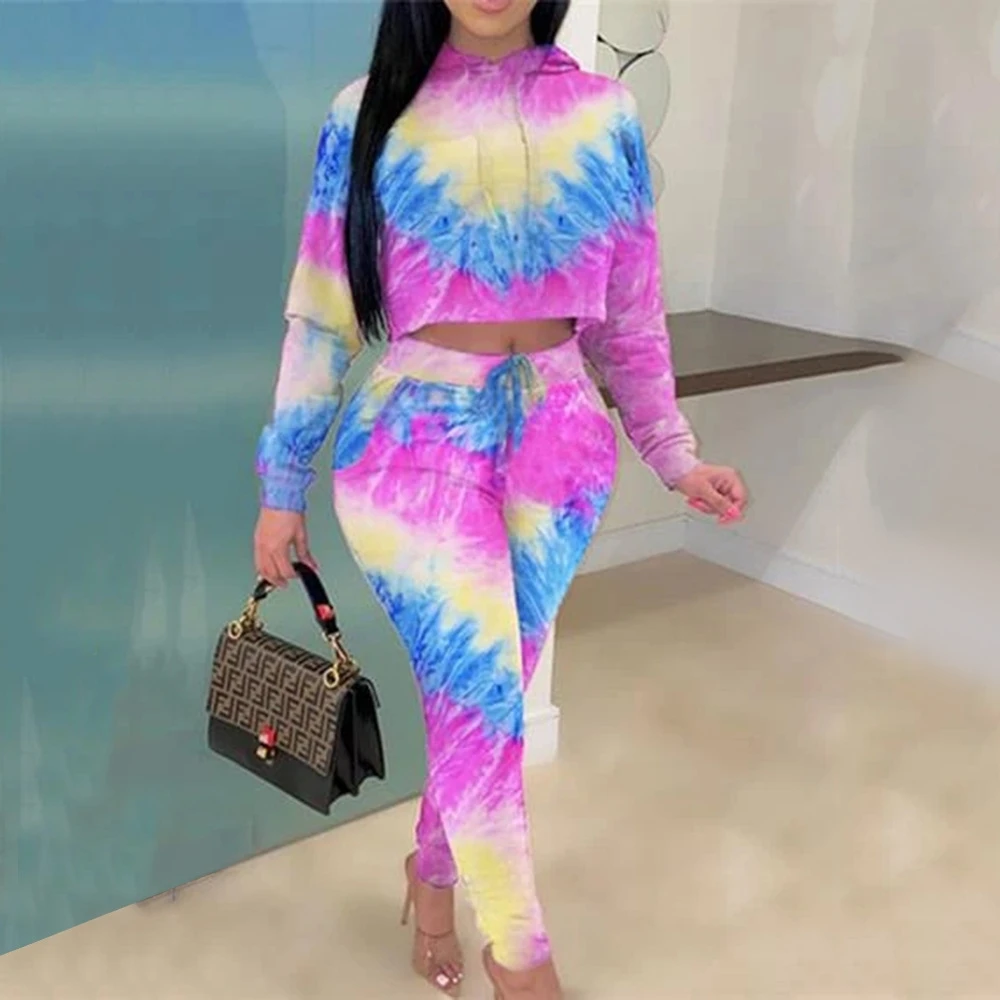 

Purple Tie Dye Two Piece Set For Women Long Sleeve Clothes Pants Plus Size 2020 Fall Loungewear Sweatsuit Bodycon Fashion
