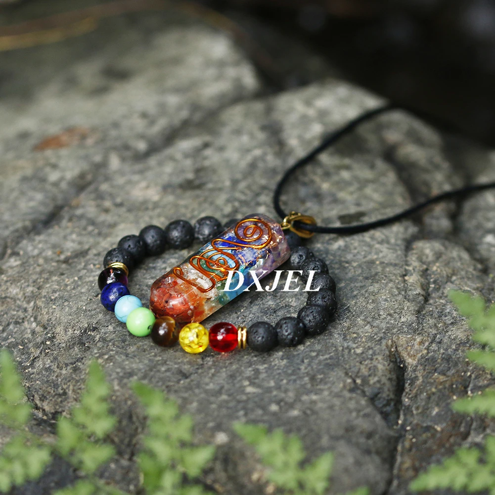 DXJEL 7 Chakra Orgone Energy Healing Pendant with Bracelet Rainbow Crystal Meditation Necklace Resin Jewelry For Women Men Gifts