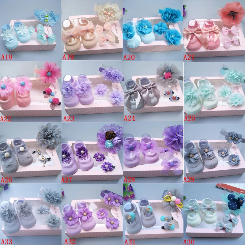 

5Pcs/set Newborn Baby Girls Lol Turban Headband Mickey Bow Flowers Cloth Hair Bands Hair Accessories Socks Gift Boxes Head Wraps