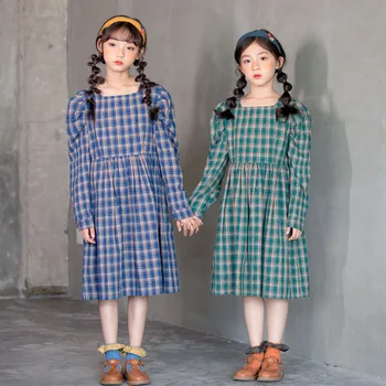 

Autumn Girls Clothes Vintage Puff Sleeve Leisure Plaid Dress Korean Style Kids Party Frocks Children Cotton Elegant Maxi Dress
