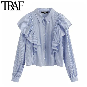 

TRAF Women Vintage Fashion Striped Ruffled Blouses Lapel Collar Long Sleeve Office Wear Female Shirts Blusas Chic Tops