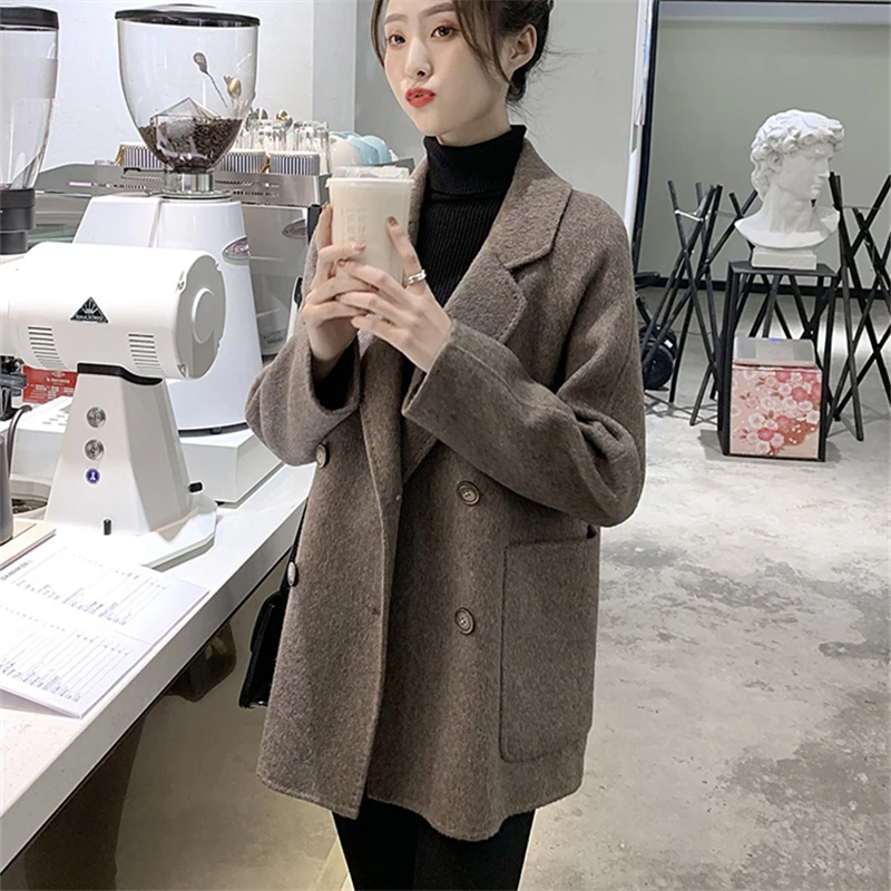 

2020 Winter Solid Woolen Coats For Women Double Breasted Office Elegant Jacket Long Sleeve Straight Long Coat Lady Outerwear