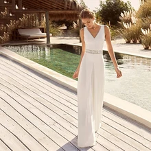 

Beach Wedding Dresses Sheath V-neck Chiffon Lace With Pants Backless Dubai Arabic Wedding Gown Bridal Dress Vestido De Noiva