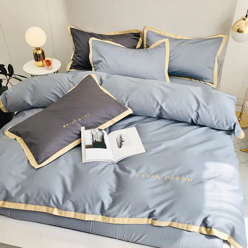 Embroidered European and American style simple color matching bedding 60 cotton bedding four-piece set 