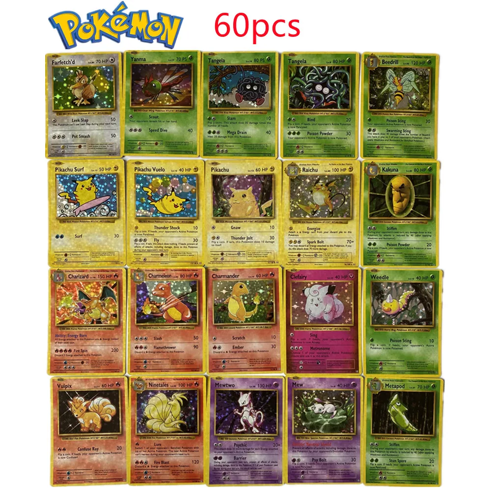 

60Pcs Pokemon 1996 First Generation Flash Cards Trainer Flash Cards Charizard Pikachu Anime Collection Game Cards Toys Gift