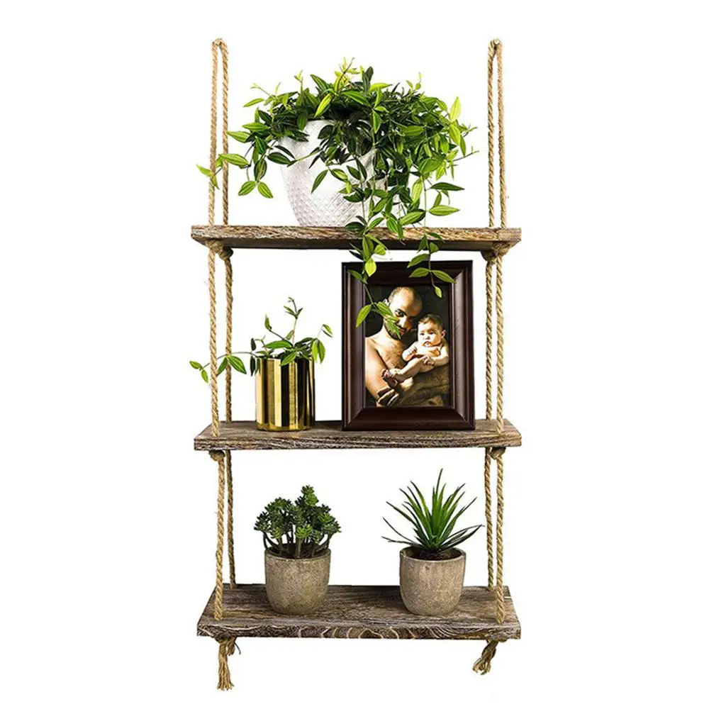 

1/2/3 Tier Rustic Wooden Hanging Rope Shelf-Handmade Solid Wood Floating Shelves Home Decorative Wall Mounted Rack LBShipping