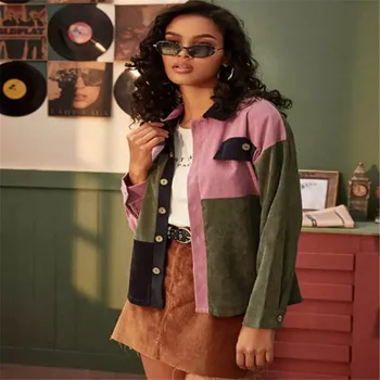 

Corduroy Shirt Coat Women Solid Popular Long Sleeve Turn Down Collar Short Jacket Top Autumn Outfits