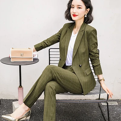 Green Pant Suit Новая мода женский комплект 2 шт. брюки деловой костюм для офиса дамы длинный рукав Блейзер и брюки красный желтый черный абрикосовый зеленый - Цвет: Green Pant Suit