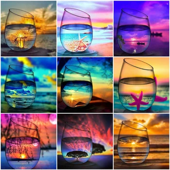

AZQSD Diamond Painting Sunset Landscape DIY Full Square 5D Needlework Diamond Embroidery Mosaic Bottle Glass Handmade Gift