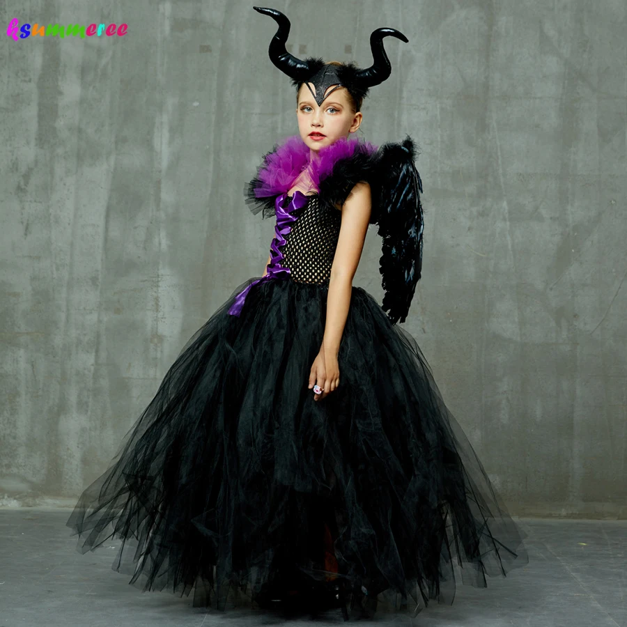 Bambini Evil Queen Girls Halloween Fancy Tutu Dress Costume con ala di  corno bambini battesimo Dress Up abito nero abiti da cattivo|Dresses| -  AliExpress