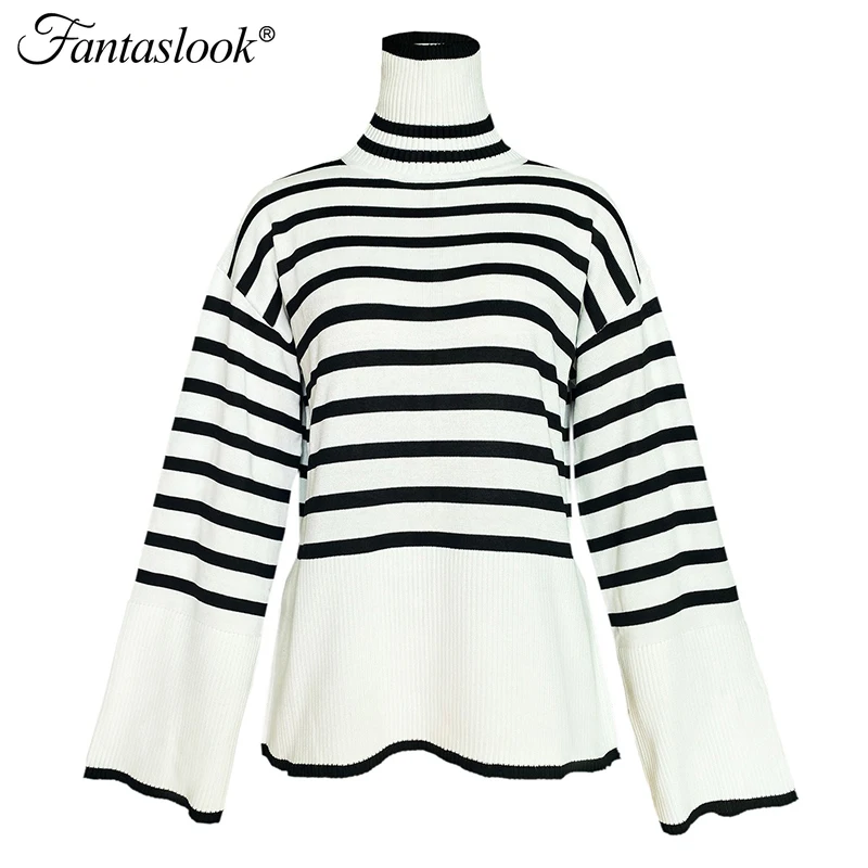 

Winter Pullover Women Vintage Turtleneck Pullover Loose Striped Knitted Sweater Long Sleeved Split Jumpers Jersey Mujer