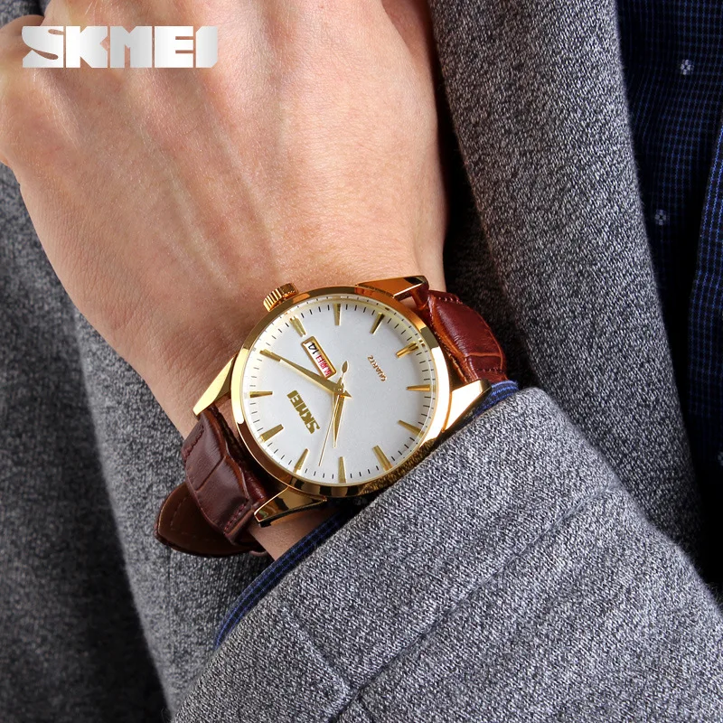

Skmei Double Calendar Waterproof Business Quartz Watch 9073 Trend Simple Leather Watch Strap MEN'S Watch