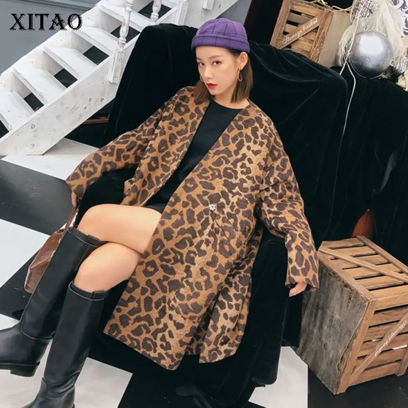 

XITAO Leopard Split Blends Women Fashion New 2019 Autumn Pocket Single Button Long Small Fresh Minority Casual Blends WLD2970