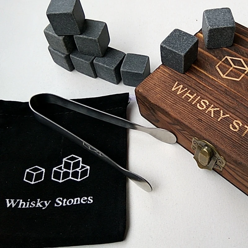 

Whiskey Stones with WORDS Wooden Box Whisky Rocks Stones Square Stone Wood Box