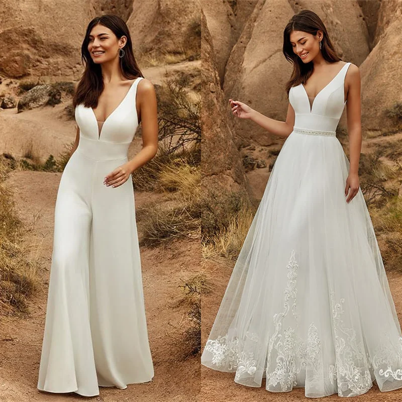 Combinaison de mariage 2 en 1 pour femme, jupe amovible avec poignées, robes de patients 2 pièces, pantalon imbibé pour femme, dentelle, tulle, col en V, train de balayage, 2024