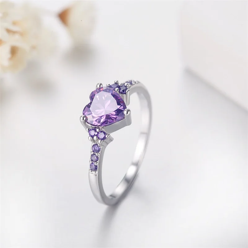 Free Sent Certificate Fashion Women Wedding Jewelry Cute Heart Heart Design Purple Crystl Amethyst Silver 925 Ring Dropshipping - Image 2