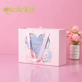 

Pink Pull Drawer Gift Present Box Silk Ribbon With Hand Gift Packaging Cardboard Box For Prensent Cosmetics Package