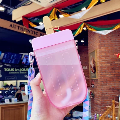 Cute Popsicle Straw Cup with Strap - 300ml Portable Plastic Water Bottle