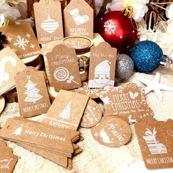 

100pcs Merry Christmas Gift Tag DIY 10 Pattern Kraft Paper Box Decoration Labels Hanging Tags Christmas New Year Navidad Decor