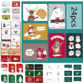 

24Pcs Christmas Greeting Cards Santa Claus Snowman Elk Pattern Folding Card DIY Mix Best Wishes Postcard with Envelope Stickers