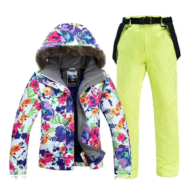 Цветная женская зимняя одежда с цветком, лыжный костюм, 10 K, водонепроницаемая ветрозащитная дышащая уличная одежда для сноубординга, куртка и брюки