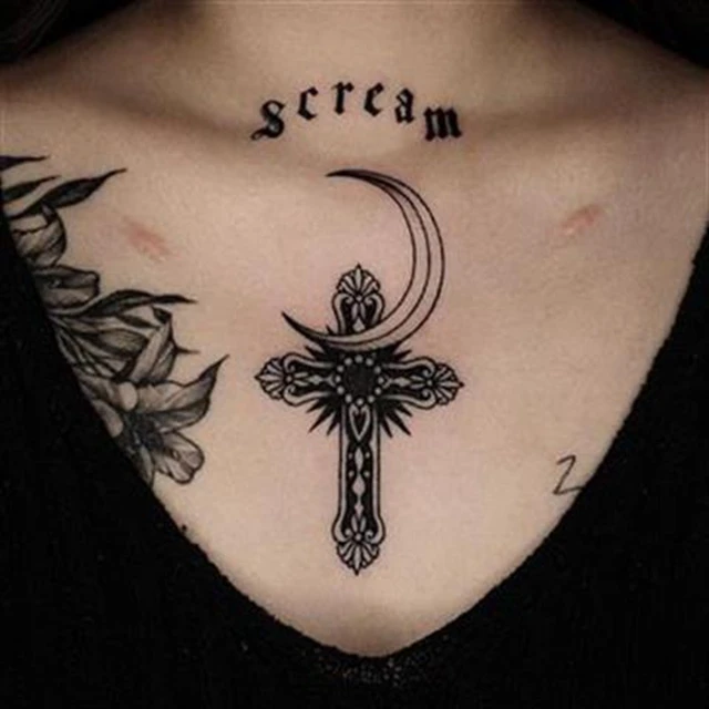1pc Moon And Cross Temporary Tattoo Sticker For Men And Women Waterproof  Sexy Cool Body Art Fake Tattoo Chest Arm Tattoo Sticker - Temporary Tattoos  - AliExpress