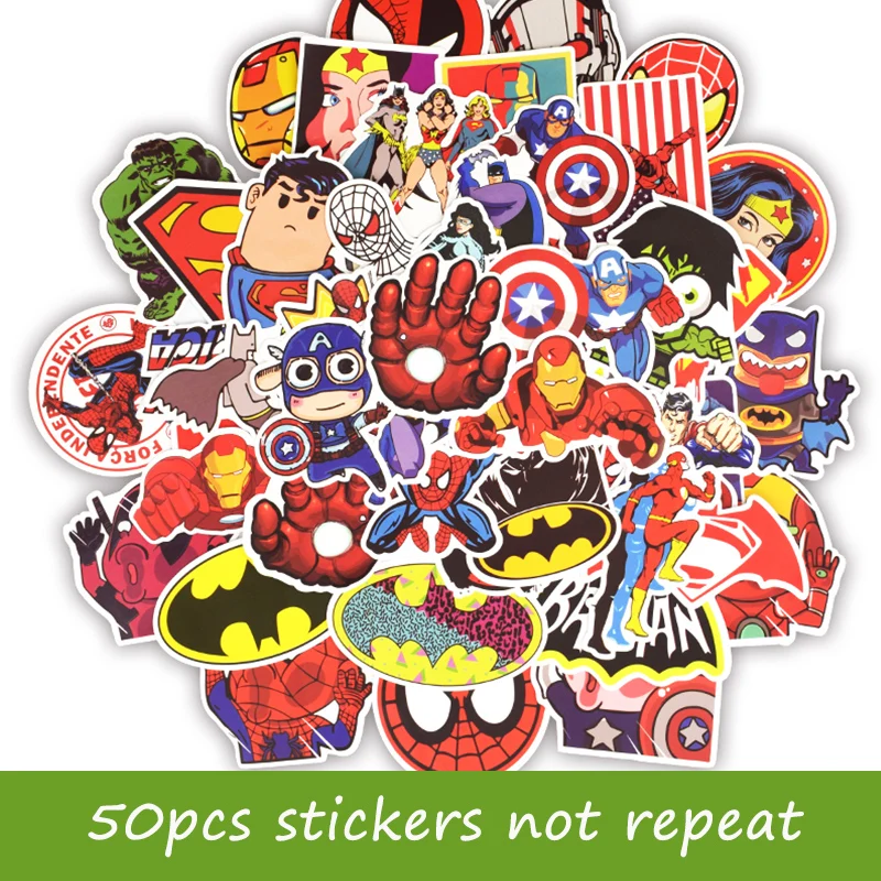 

50pcs cartoon stickers superhero PVC computer skin refrigerator laptop sticker fun suitcase decoration mixed decal for HP Dell
