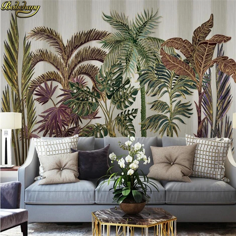 beibehang Custom wallpaper mural Nordic tropical plant forest light luxury embossed gold lines background wall papel de parede